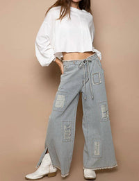 Pol - Wide Distressed Striped Denim Pants "Waist Strap"