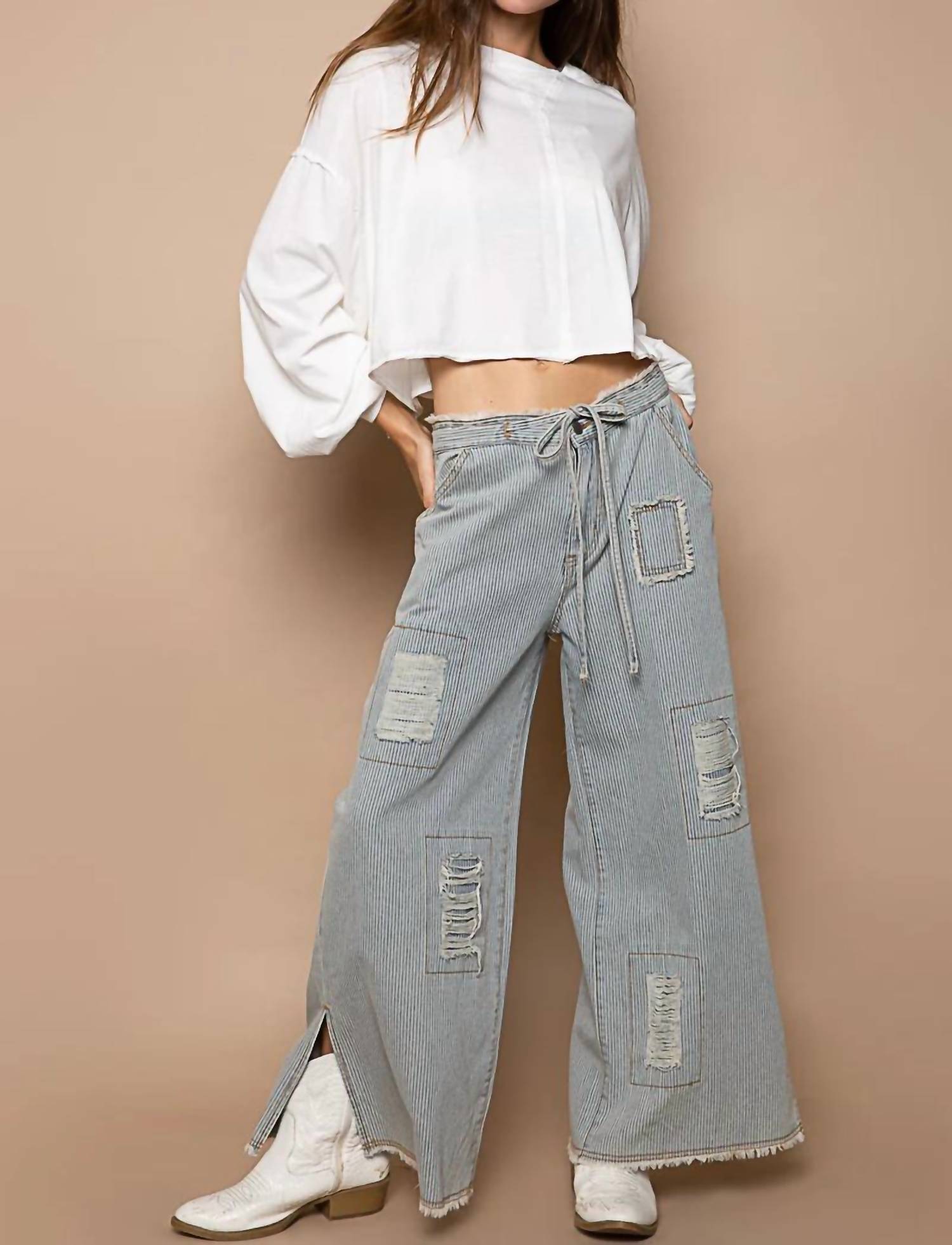 Pol - Wide Distressed Striped Denim Pants "Waist Strap"
