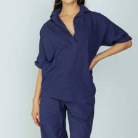 A SHIRT THING Delilah Collared V-neck Shirt in navy - women's blouse
