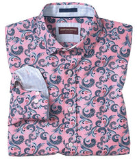 JOHNSTON & MURPHY Men's Checkered Paisley Print Woven Shirt in pink - men's shirt - detail view