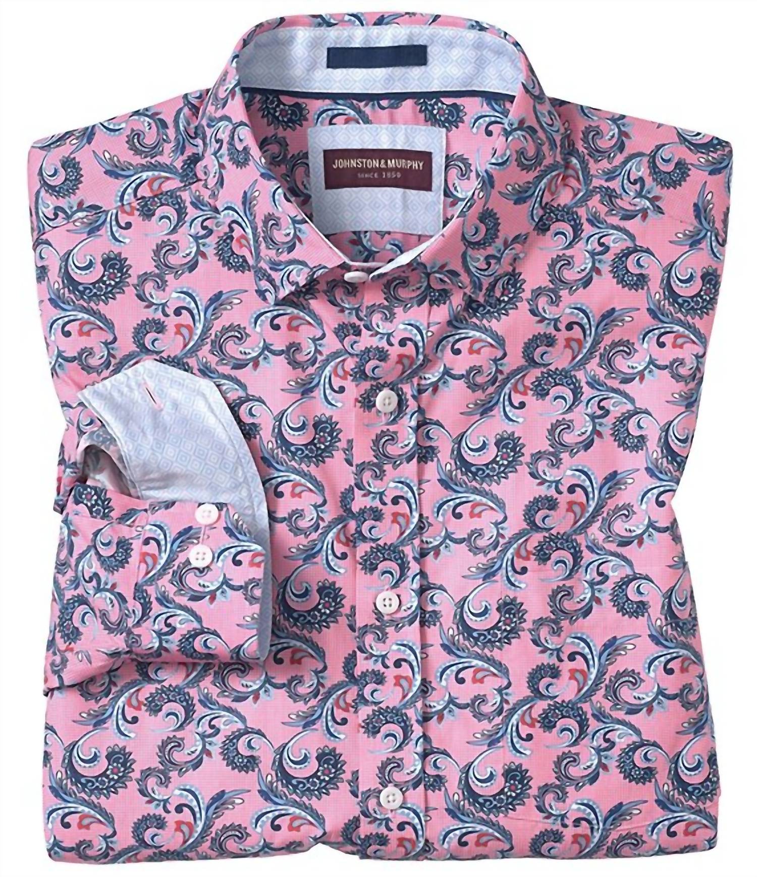 JOHNSTON & MURPHY Men's Checkered Paisley Print Woven Shirt in pink - men's shirt - detail view