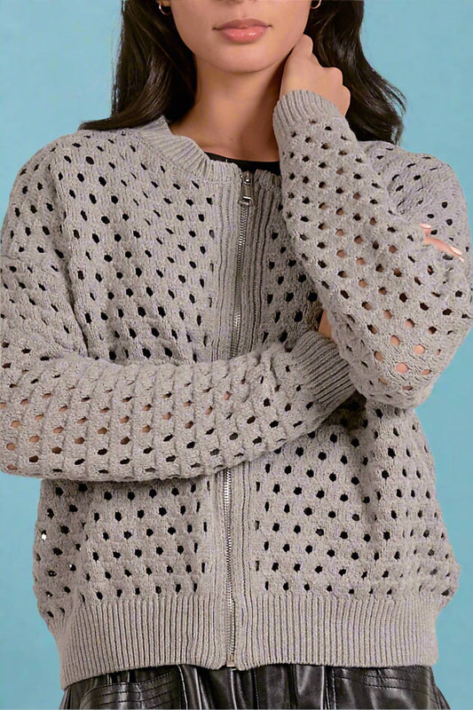 Elan - Open Knit Zip Up Sweater