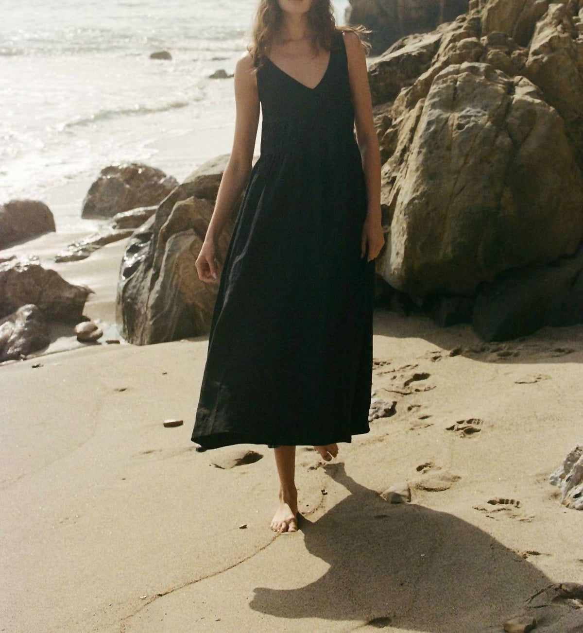 a.ren Eleonie Linen V-neck Sleeveless Dress in black - women's dress - detail view