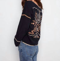Charlie B - Notched Neck Rib Embroidered Sweater