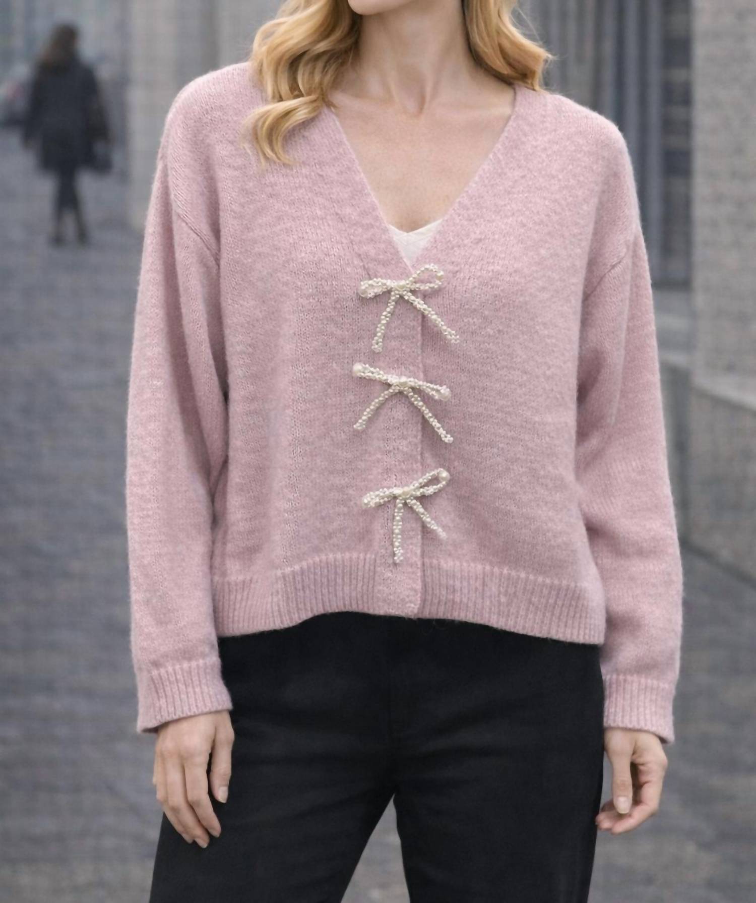 DESIGN HISTORY Pearl Bow Cardigan in lilac - women's cardigan