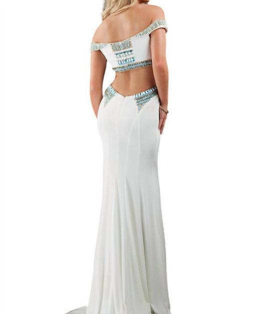 Rachel Allan - Off-the-shoulder Beaded Jersey Prom Gown