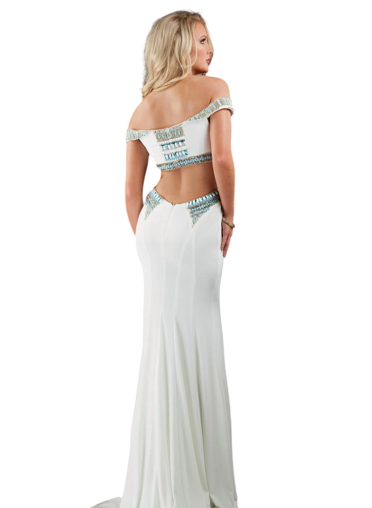 Rachel Allan - Off-the-shoulder Beaded Jersey Prom Gown