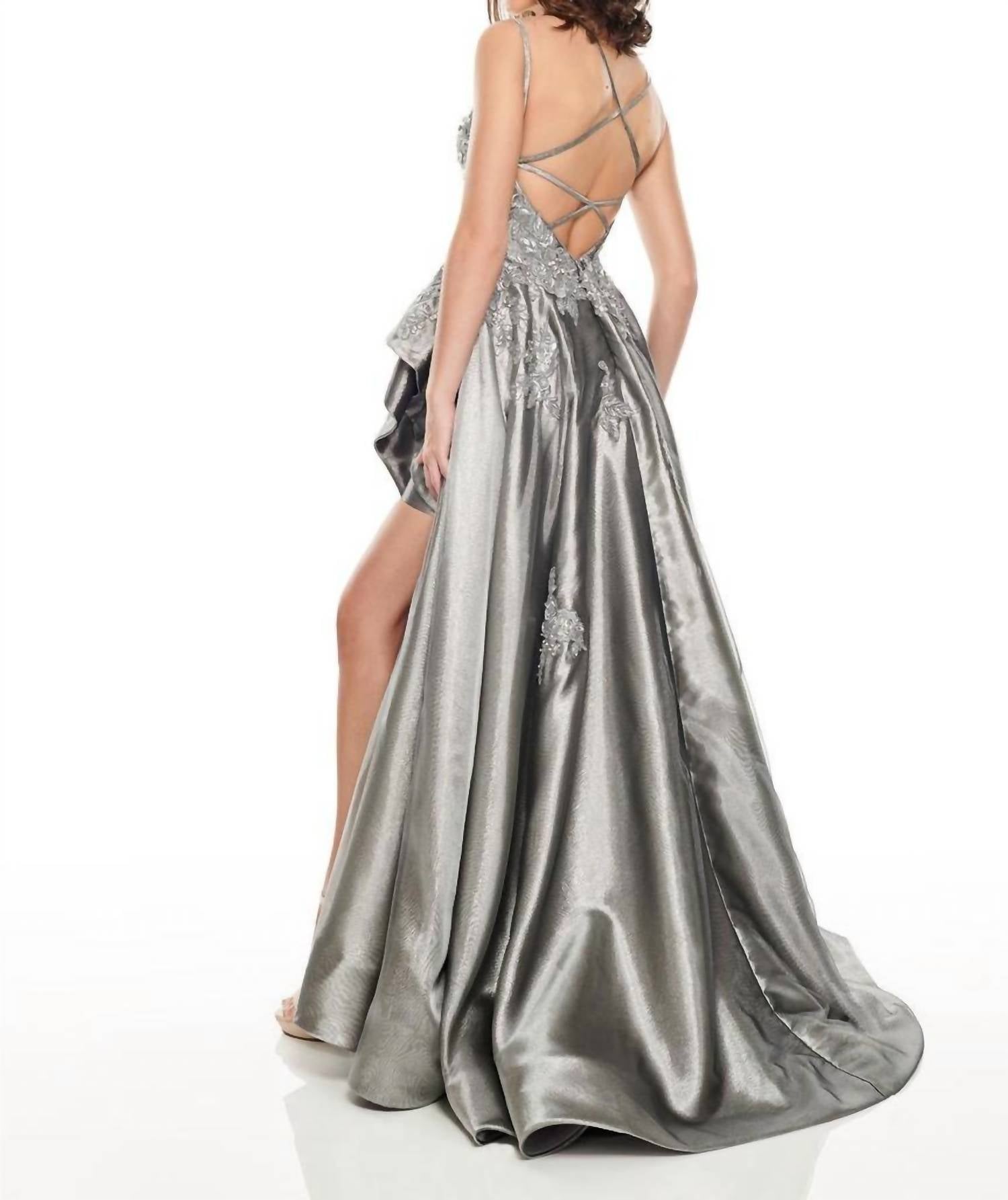 Rachel Allan - Metallic Applique High Low Prom Gown