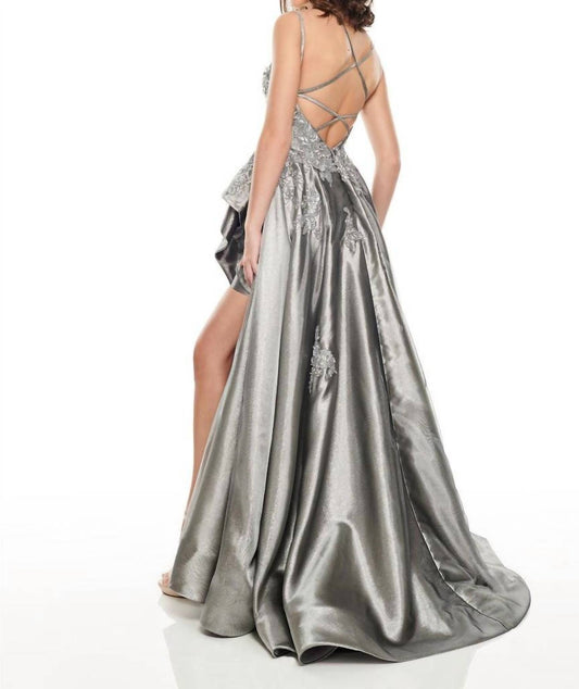 Rachel Allan - Metallic Applique High Low Prom Gown