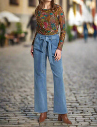 APNY Sheer Floral Long Sleeve Mesh Top in olive multi - women's t-shirt - view 4