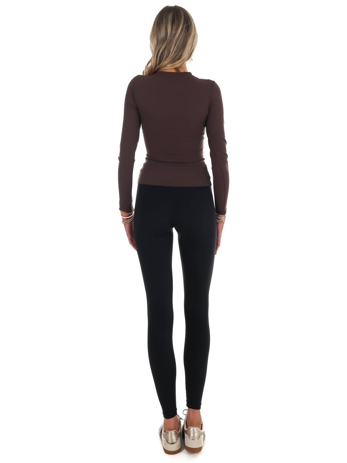 Kimberly C Run the Day Performance Fitted Top in chocolate - women's long sleeve top - detail view