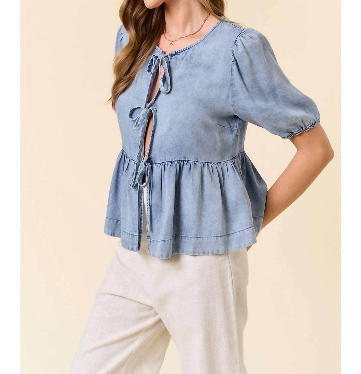 Doe And Rae - Denim Front Tie Babydoll Top