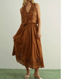 MIOU MUSE Embroidered Long Full Skirt in brown - women's skirt - alternate view