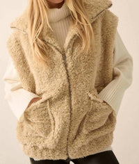 PROMESA Solid Faux Fur Zip Up Vest in oatmeal - women's jacket - detail view