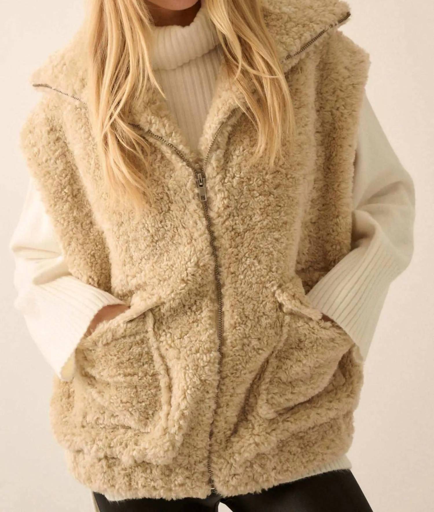 PROMESA Solid Faux Fur Zip Up Vest in oatmeal - women's jacket - detail view