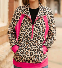 Sterling Kreek Quarter Zip Pullover in pink and leopard - women's top