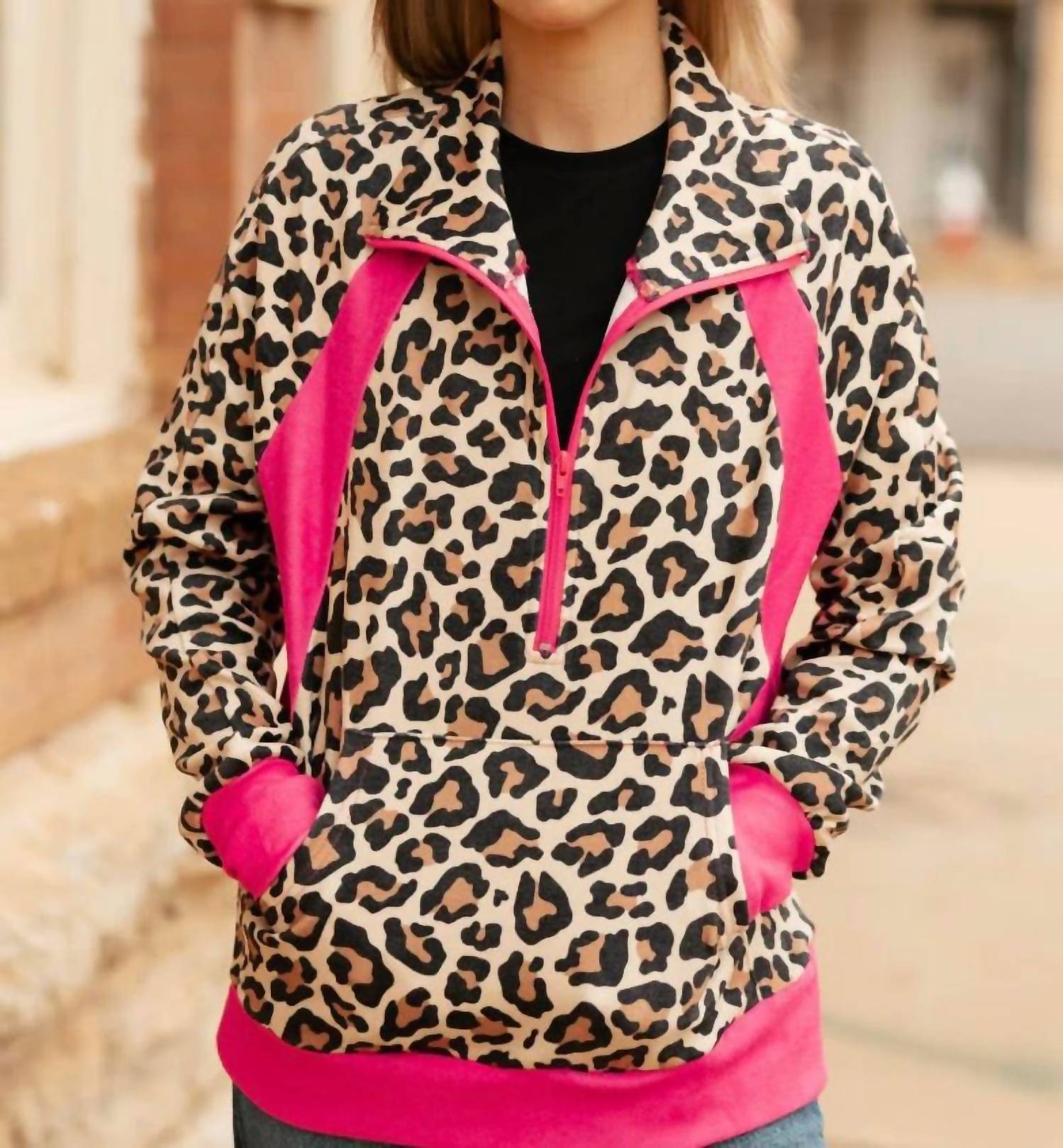 Sterling Kreek Quarter Zip Pullover in pink and leopard - women's top