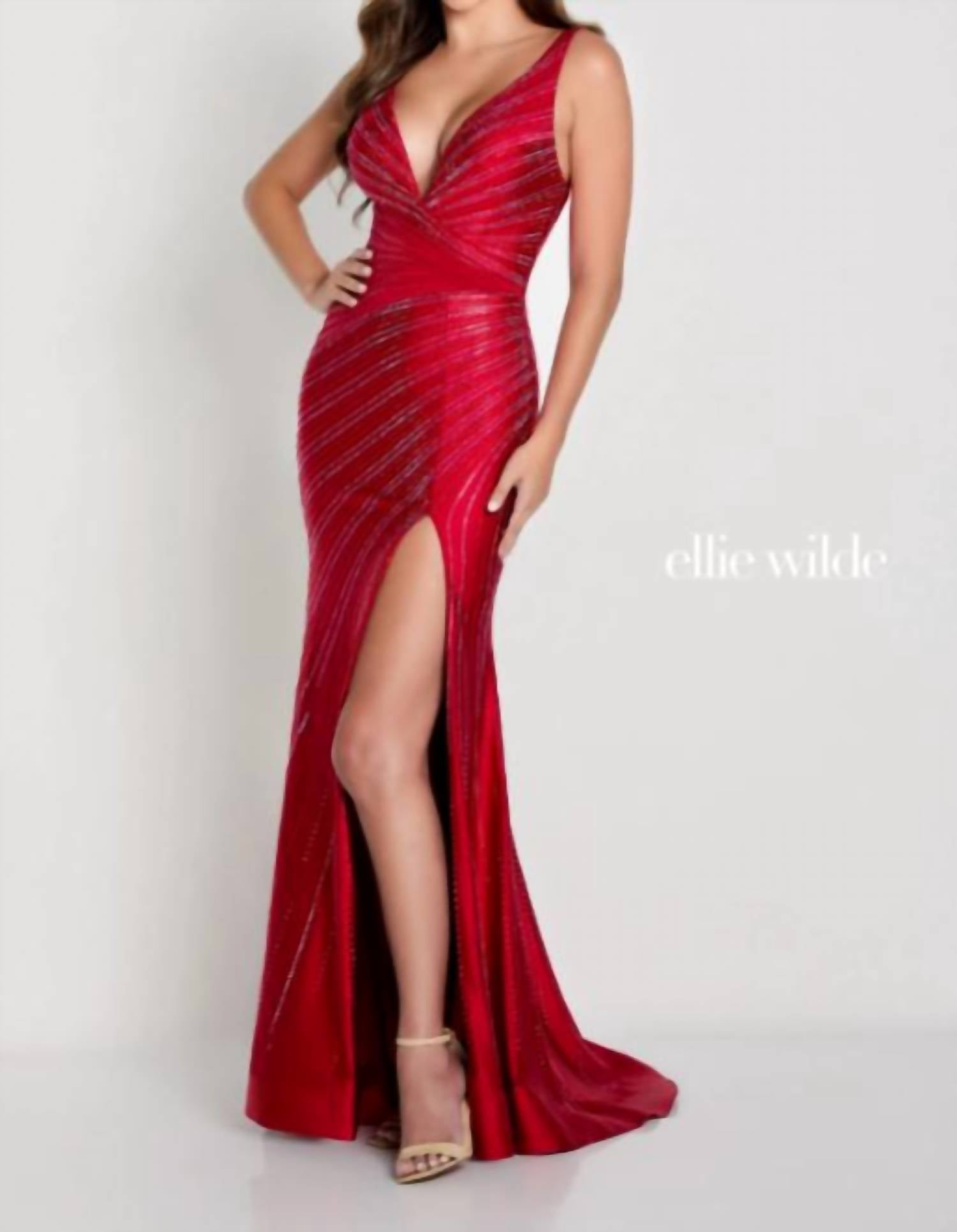 Ellie Wilde - Mesh Hot Stone Asymmetrical Prom Dress