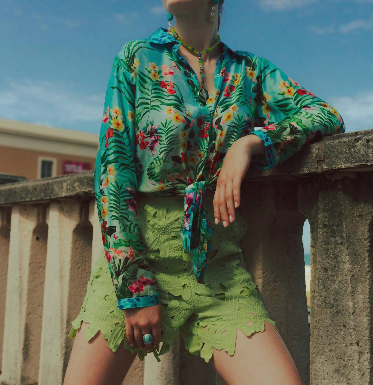 AMERICA & BEYOND Floral Lace Shorts in neon green - women's shorts