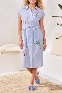 Tribal - Embroidered Stripe Belted Shirt Midi Dress