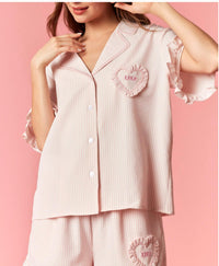 Peach Love - Mini Ric Rac with Ruffle Detailed Striped Short Sleeve & Shorts Pajama Set