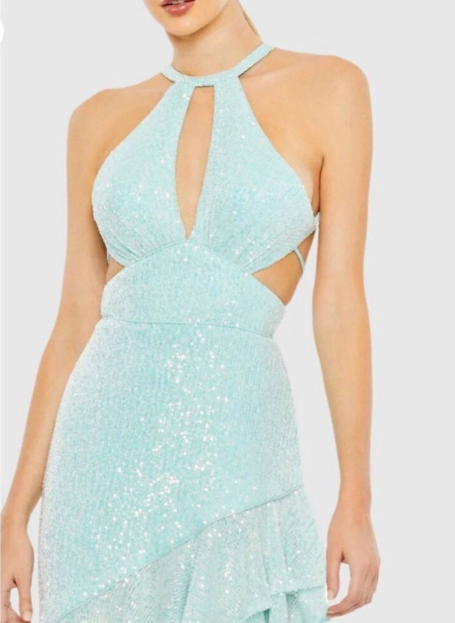 MAC DUGGAL Sequined Halter Cut Out Ruffle Asymmetrical Dress Gown in aqua - women's dress - alternate view