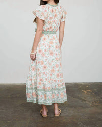 August Sky - Floral Border Print Belt Strap Midi Dress