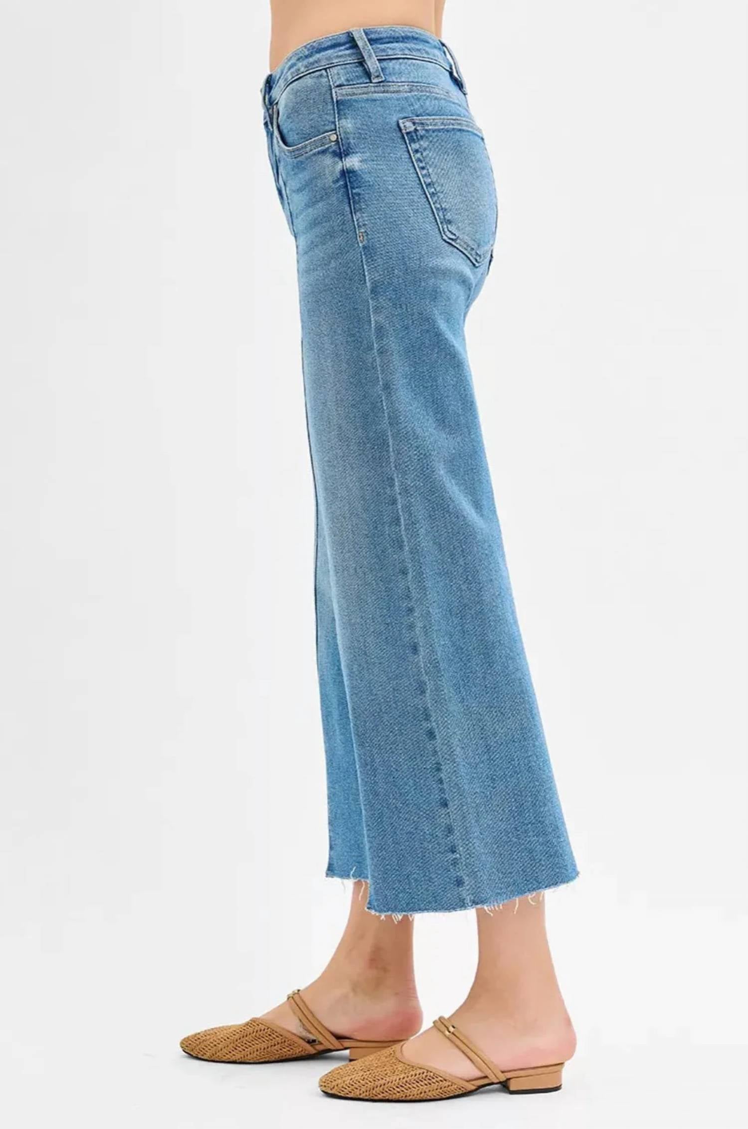 Trendsi - Tummy Control Mid Rise Crop Wide Front Slit Jeans