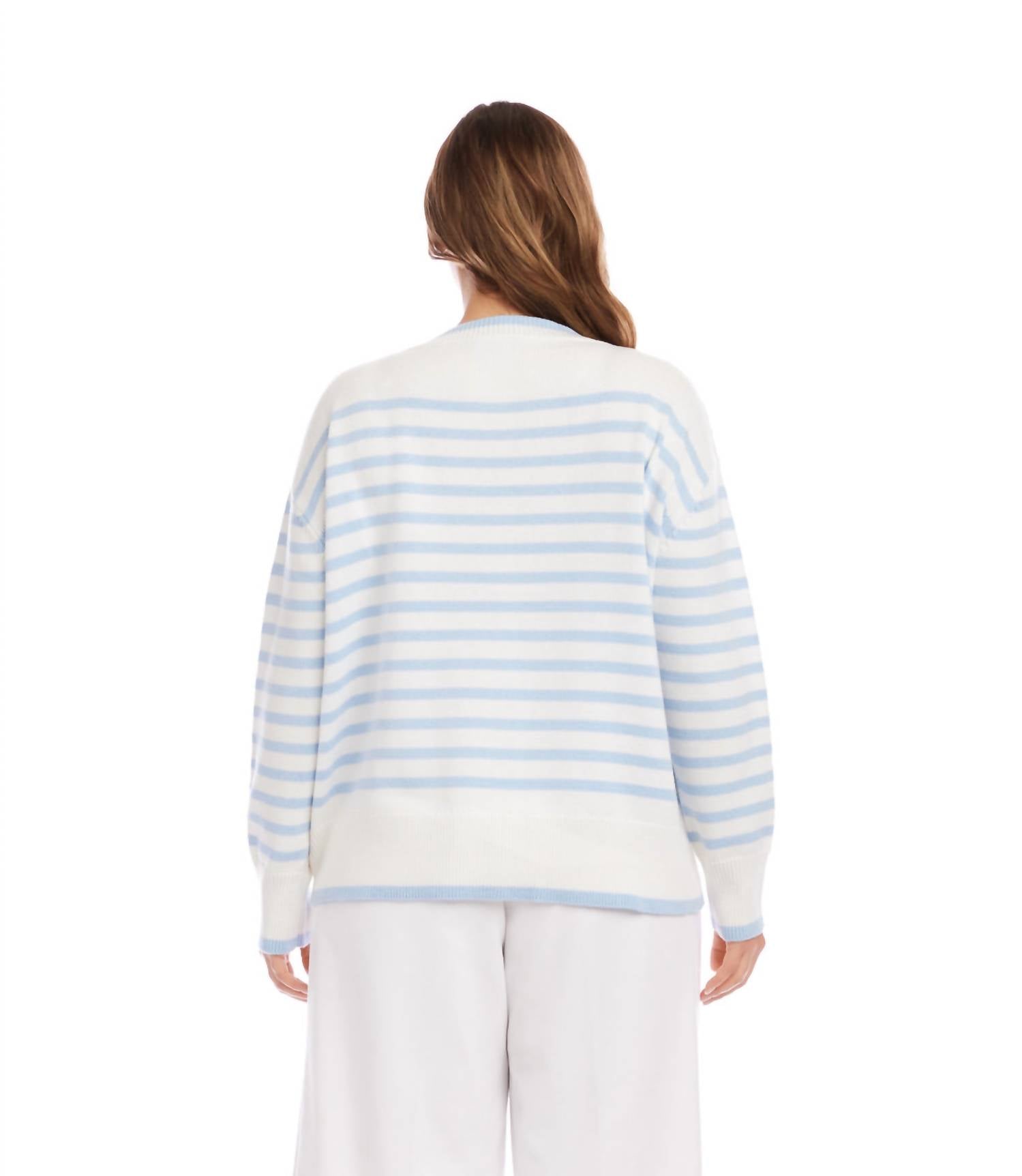 Karen Kane Stripe Cardigan Sweater - Plus in blue with off white - women's cardigan - alternate view