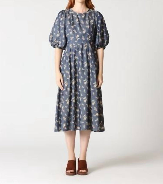 Gracia - Floral Print Puff Sleeve Round Neck Long Dress