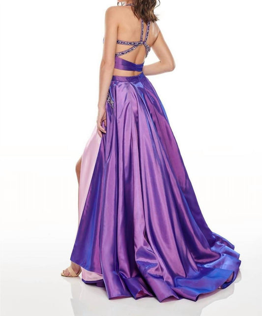 Rachel Allan - Two-piece Beaded Halter Ballgown With High Slit