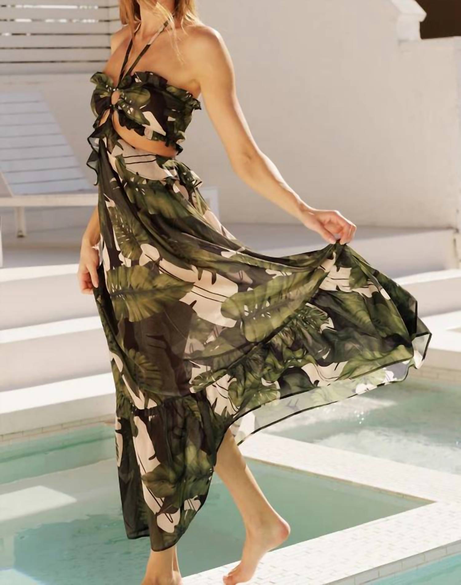 EB Luxe Tropical Palm Halter Maxi Dress in green black multi - women's dress - alternate view