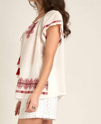 EN CREME Playful Embroidered Tassel Top in white redd - women's blouse - alternate view