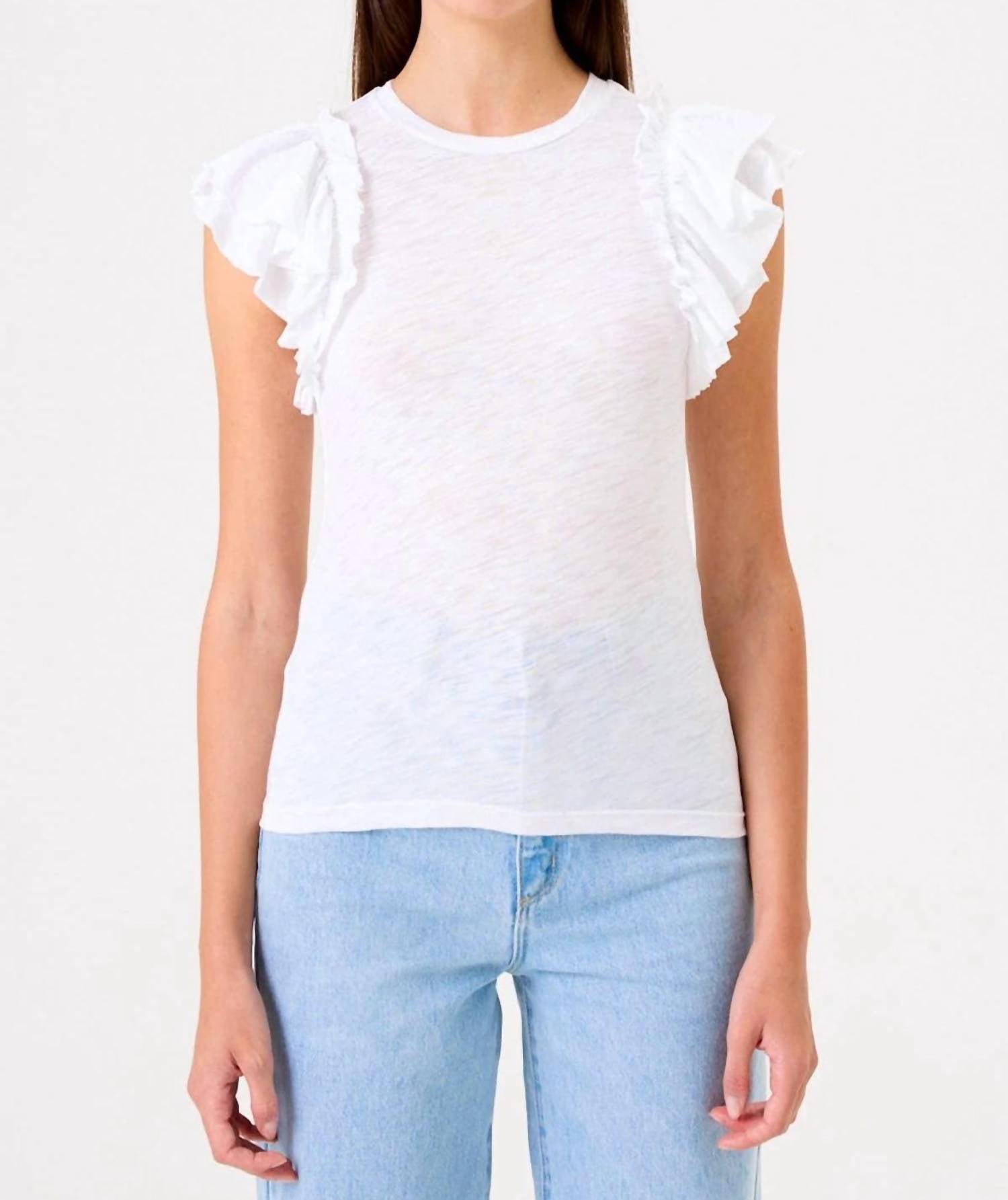 GOLDIE Sleeveless Double Ruffle Tee in white - women's blouse