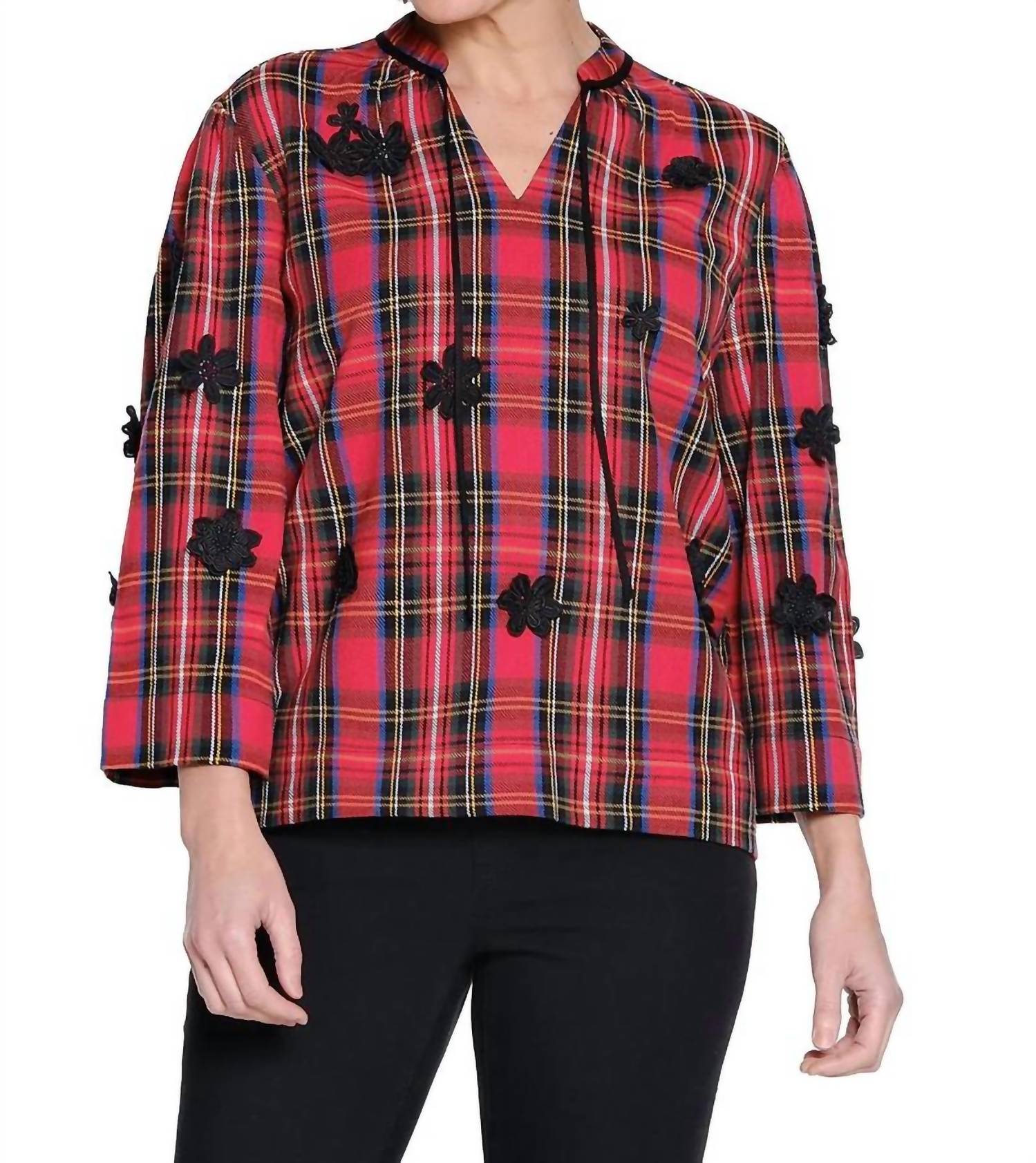 Tru Luxe - Applique Tie Neck Top