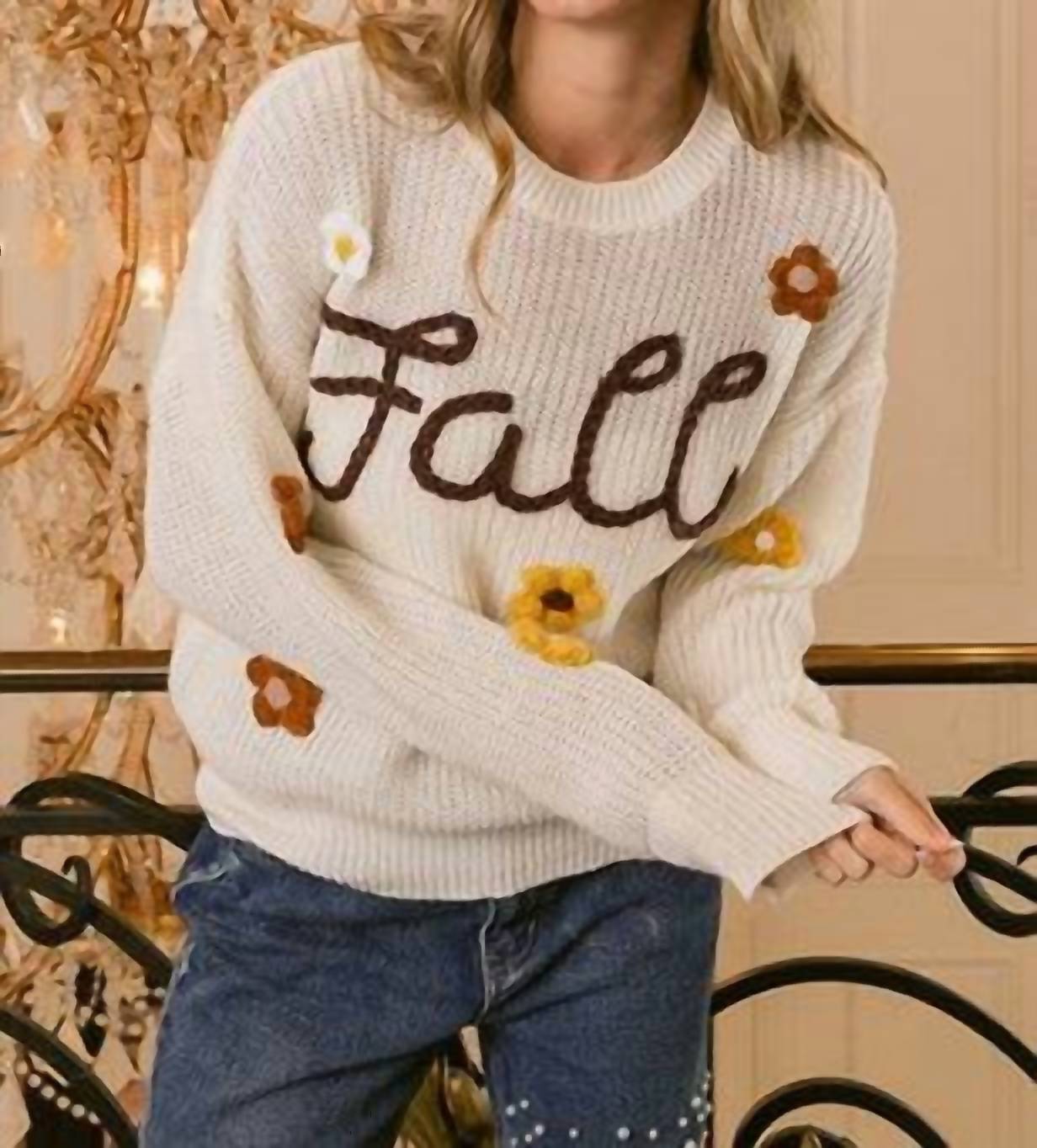 Bibi - Fall Yarn Stitching Letter and Flower Applique Sweater