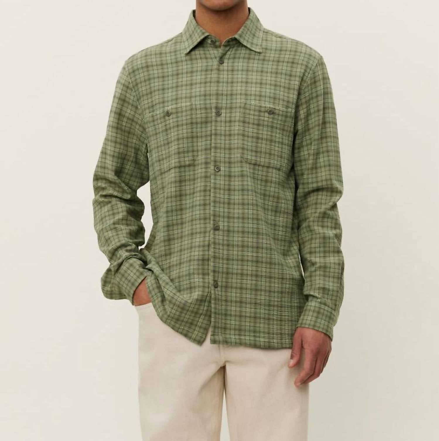 Les Deux John Check Long Sleeve Shirt in olive night - men's shirt
