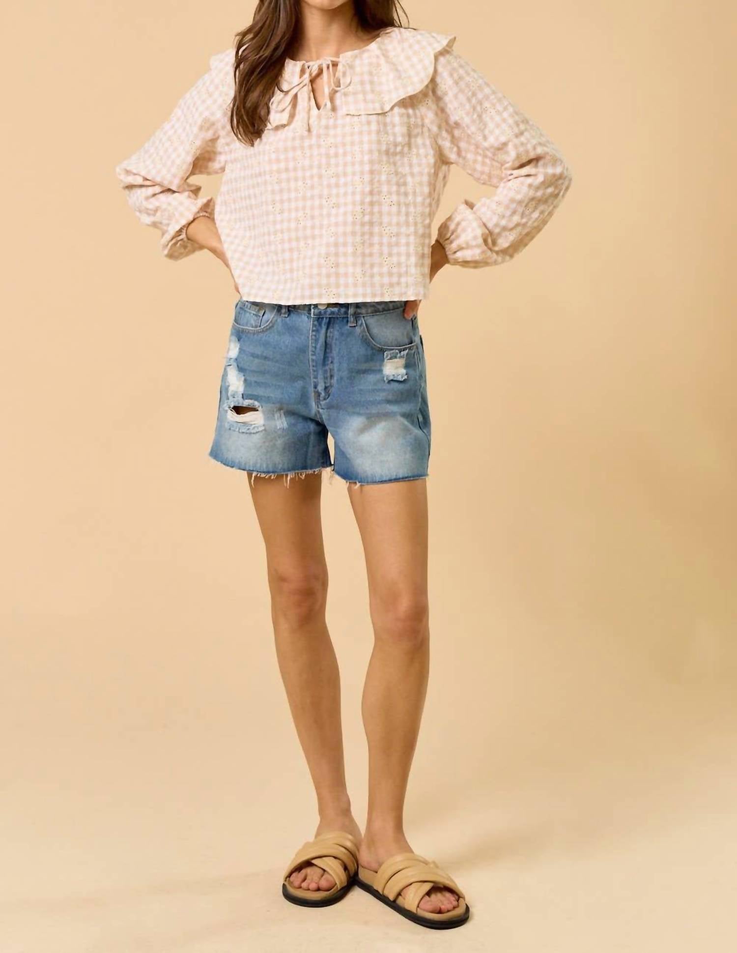 Lalavon - Gingham Eyelet Front Tie Ruffled Collar Top