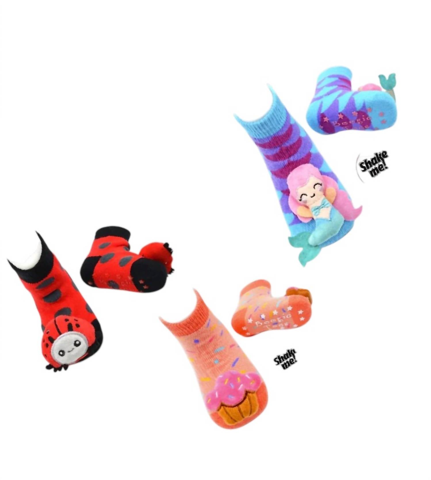 Liventi Inc. Kids Boogie Toe Rattle Socks - Set Of 3 in ladybug sweet cupcake rainbow mermaid - kids' accessory - detail view