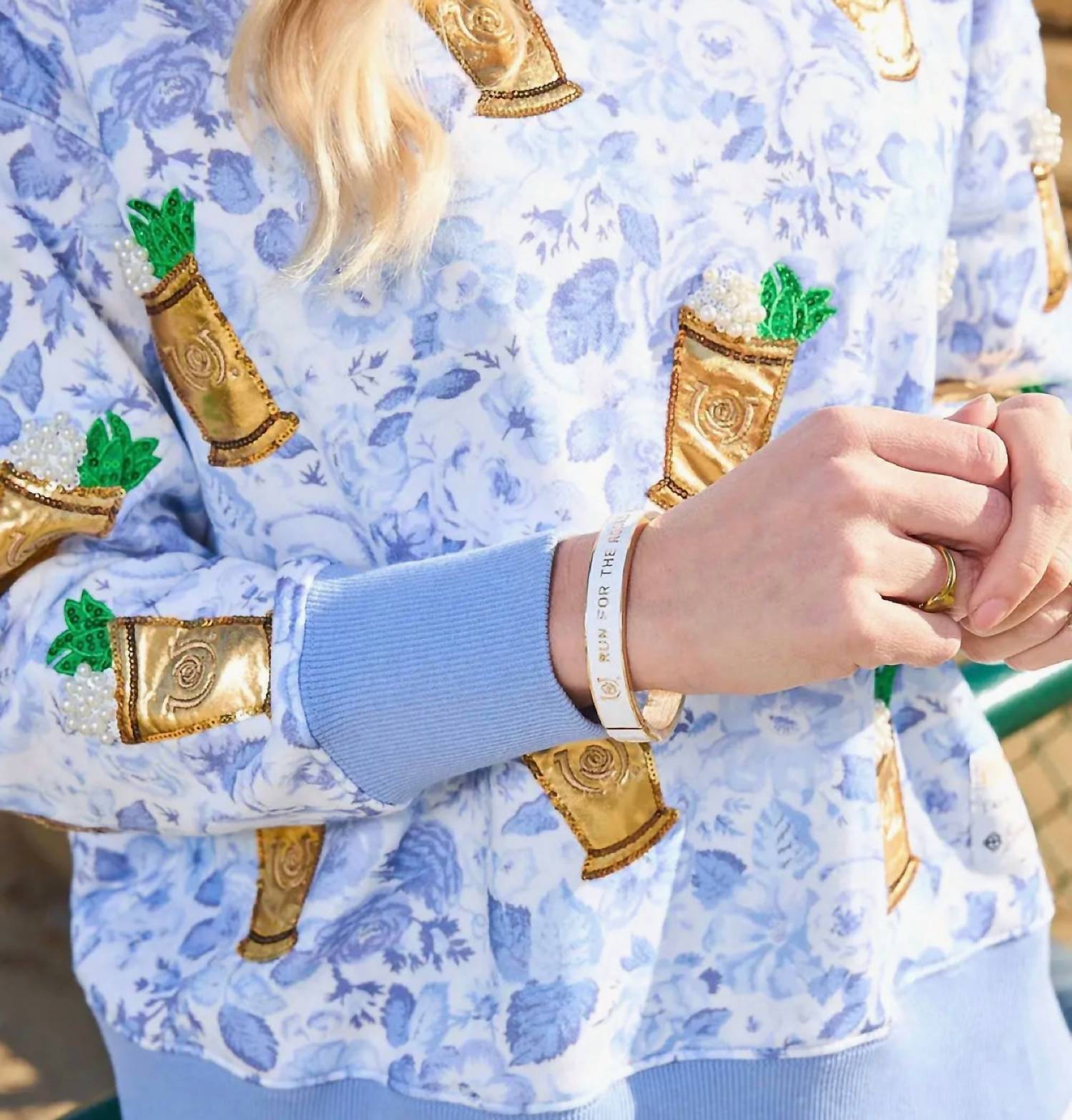 Brianna Cannon Julep Floral Sweatshirt in mint blue - women's top - detail view
