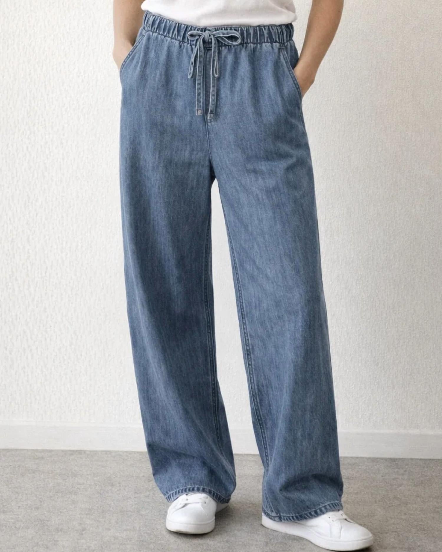 ELAN Wide Leg Denim Jogger in blue - women's pants - detail view
