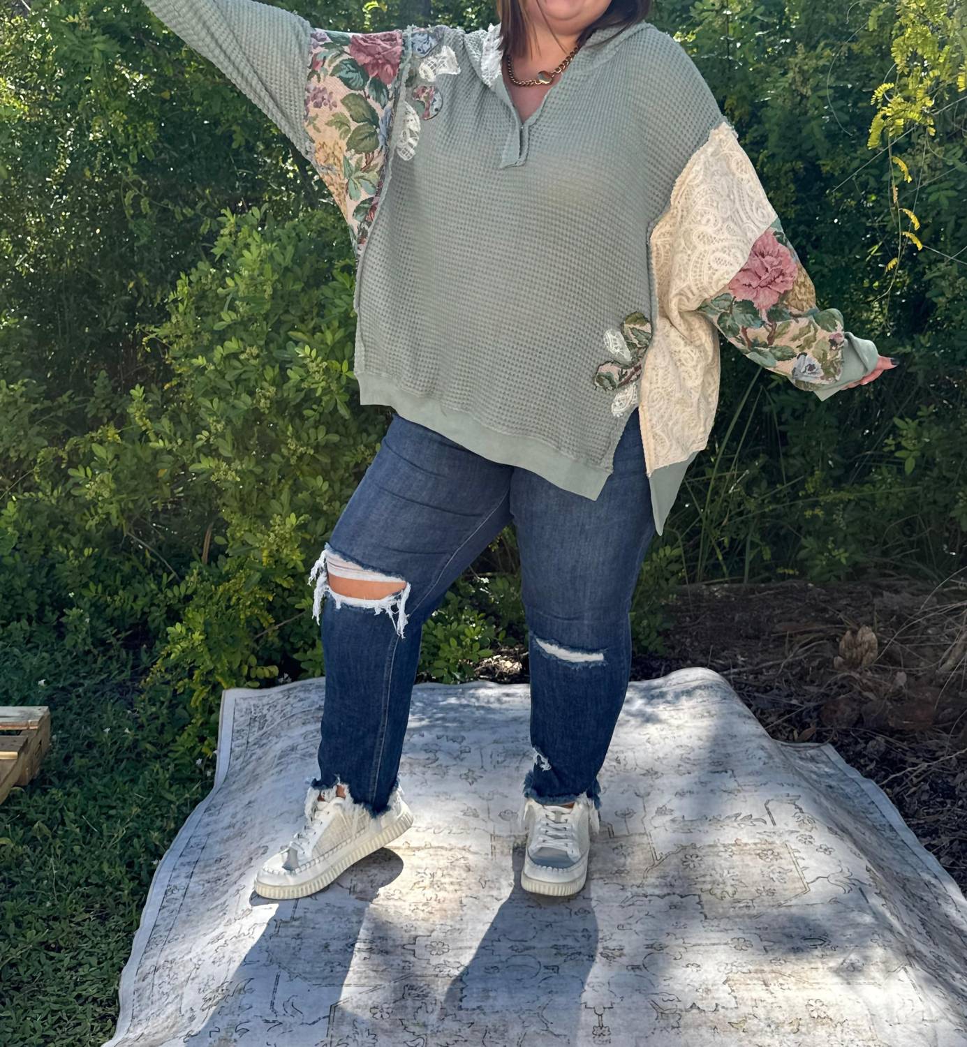 Davi & Dani - Waffle Knit Patchwork Hoodie