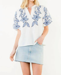 Thml - Puff Sleeve Floral Embroidery V-Neck Top
