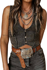 Rosa Clothing - Hottie Sleeveless V-Neck Denim Tank Top Vest