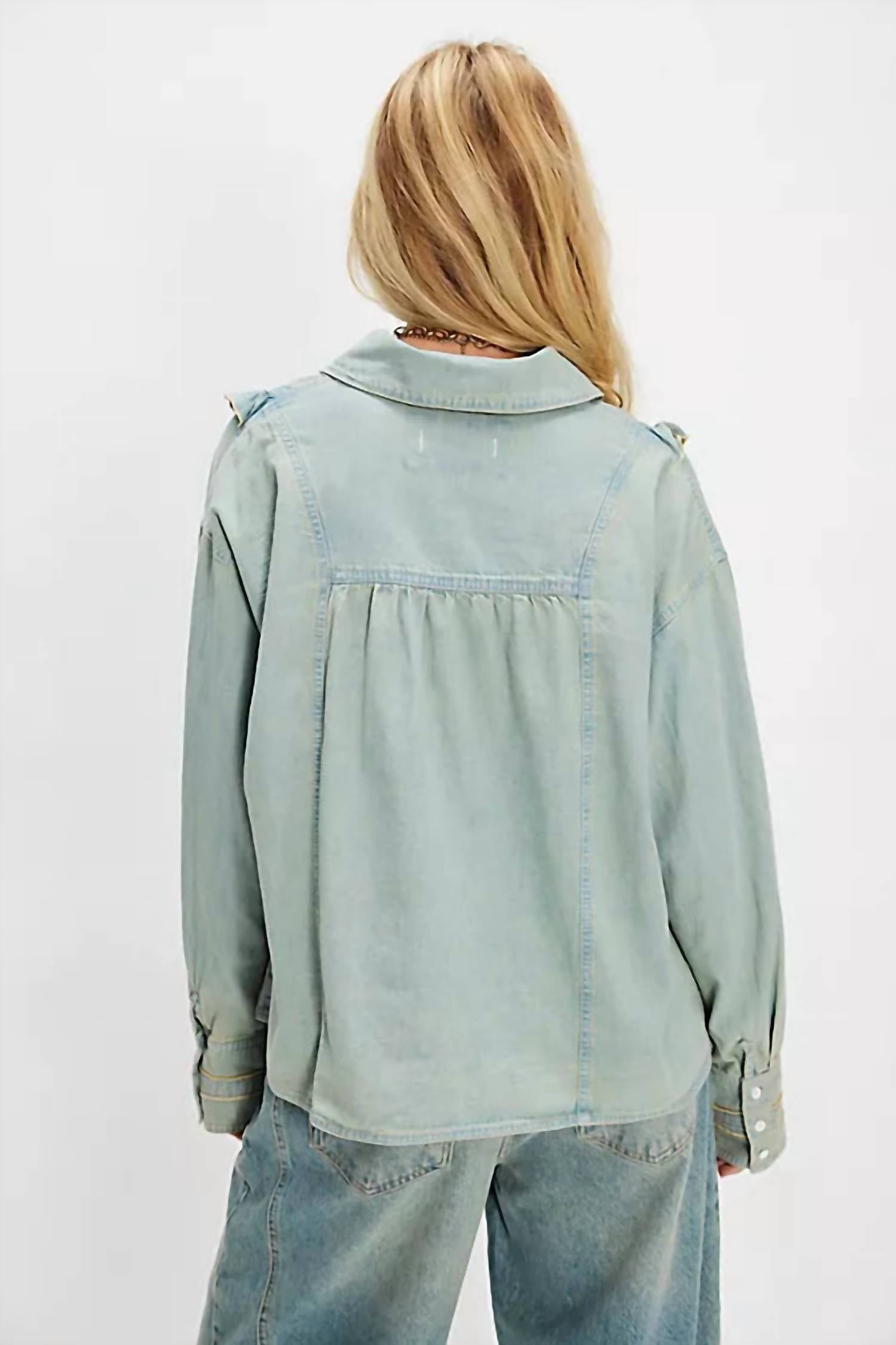 Free People Tattered And Ruffled Denim Top in vintage tint wash - women's blouse - detail view