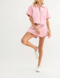 WISHLIST Collared Denim Top with Pockets in bubblegum pink - women's blouse