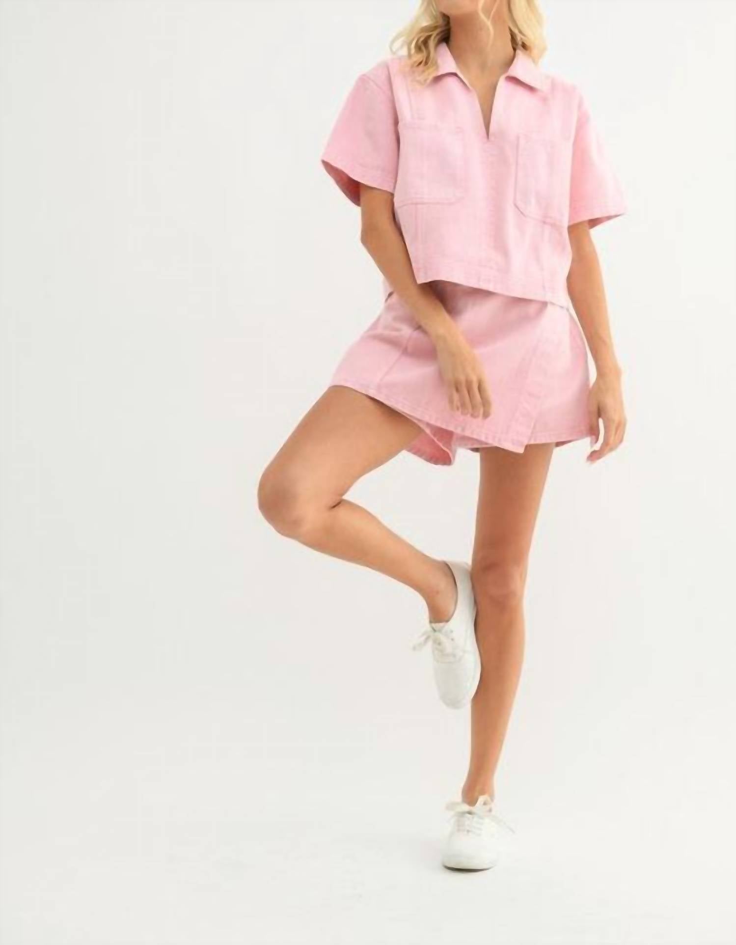 WISHLIST Collared Denim Top with Pockets in bubblegum pink - women's blouse