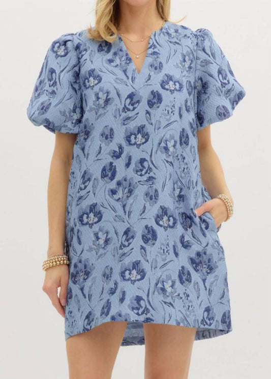 Entro - Floral Jacquard Bubble Sleeve Mini Dress