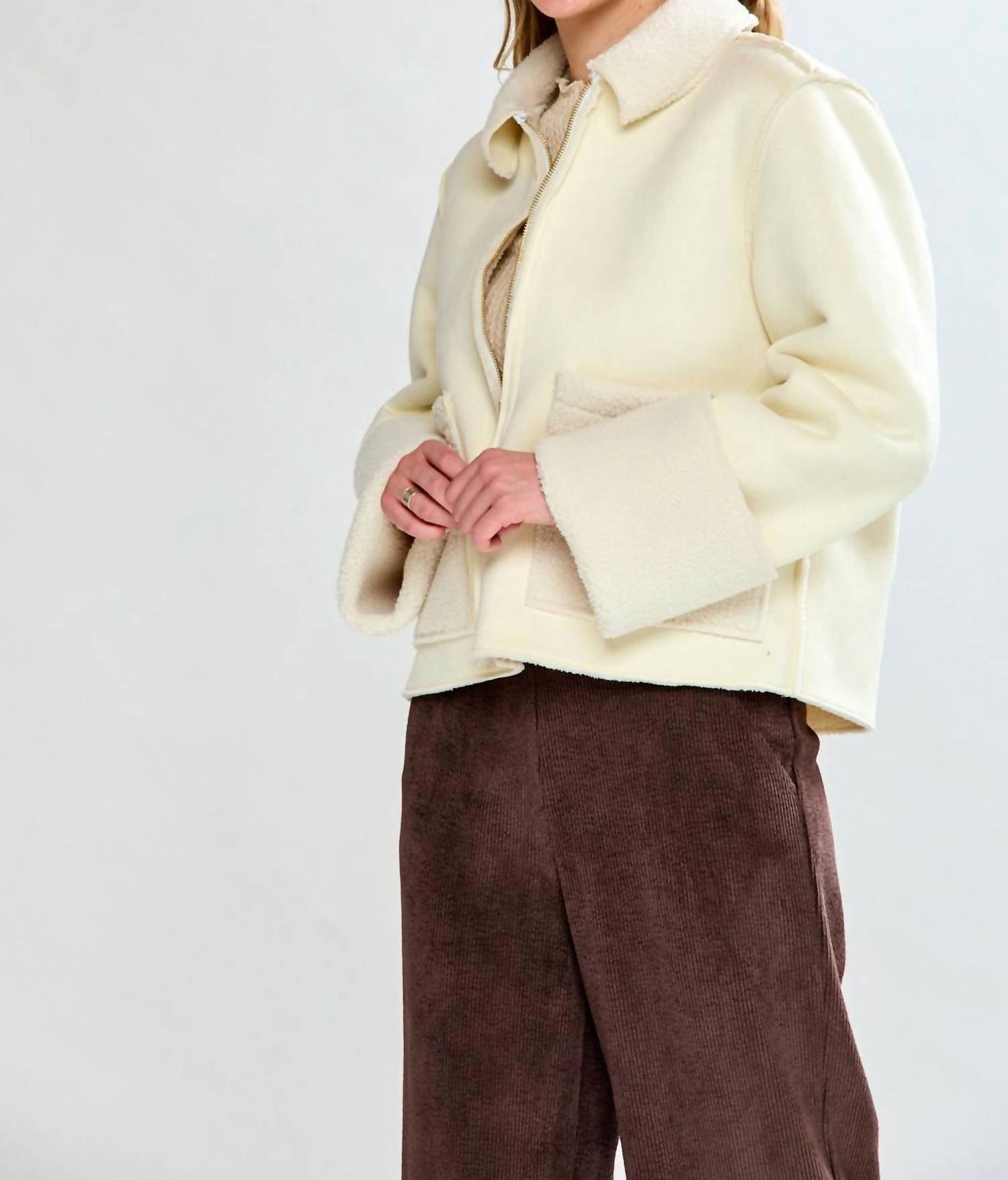 SARA CAMPBELL Rhiannon Shearling Suede Jacket in ivory - women's jacket - detail view