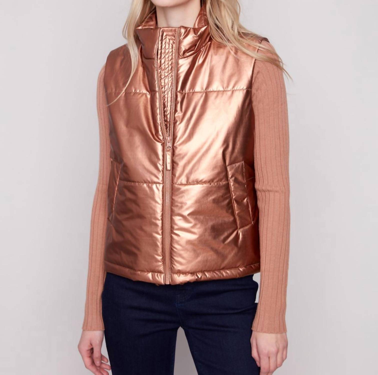 CHARLIE B Women's Metallic Short Vest in copper - women's jacket